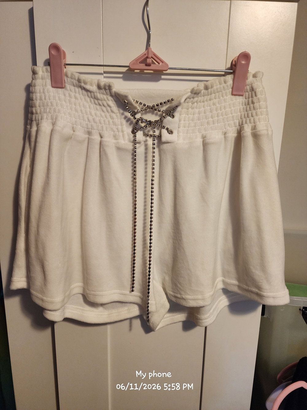 White High-Waist Smocked Lounge Shorts with Rhinestone Drawstring